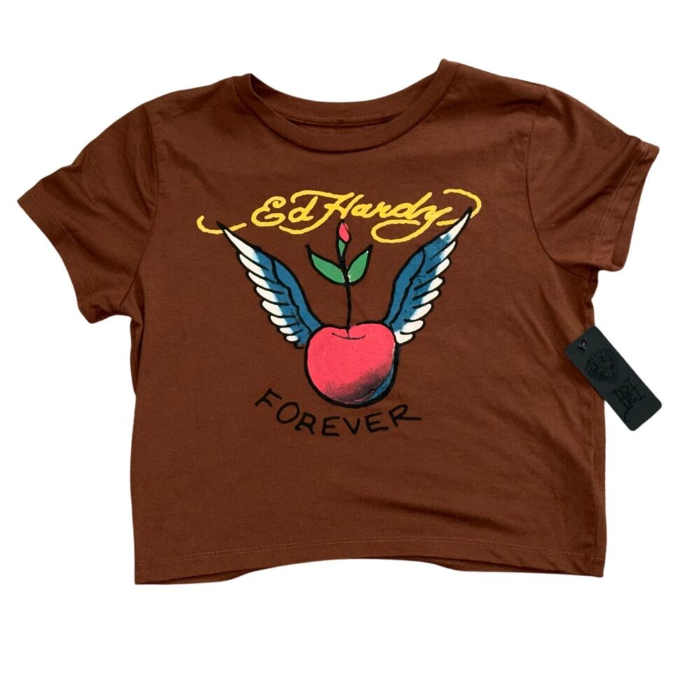 NWT Ed Hardy Brown Crop Baby Tee L Y2K Winged Heart Apple Forever Graphic